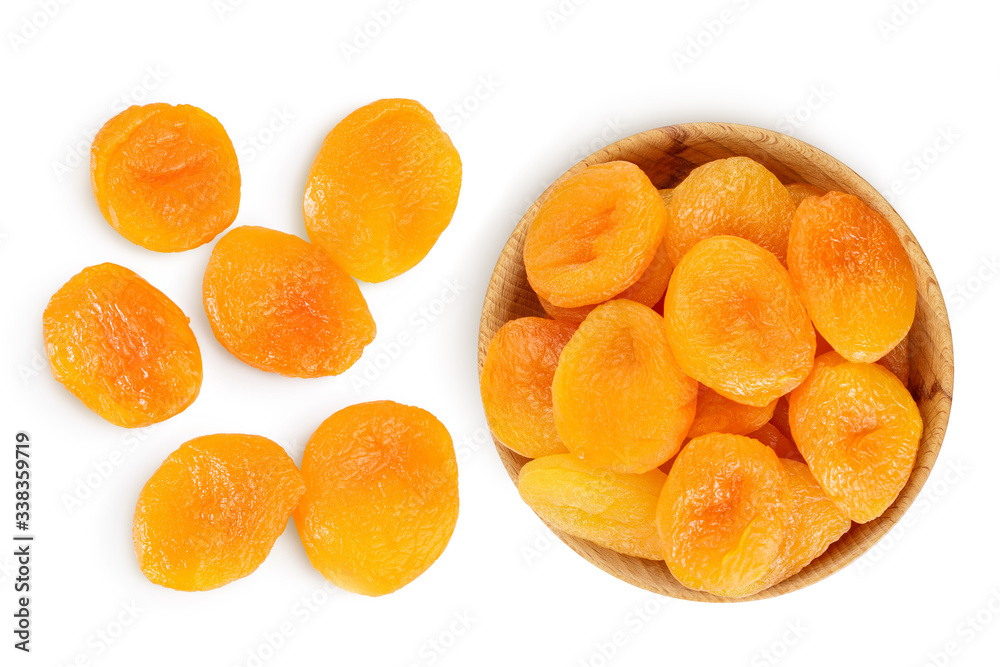 Dried apricots isolated on white background with full depth of field. Top view. Flat lay Dried apricots isolated on white background with full depth of field. Top view. Flat lay