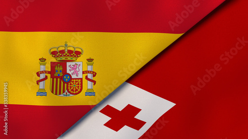 The flags of Spain and Tonga. News, reportage, business background. 3d illustration