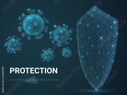 Abstract modern business background vector depicting a shield protecting from virus cells on blue background.
