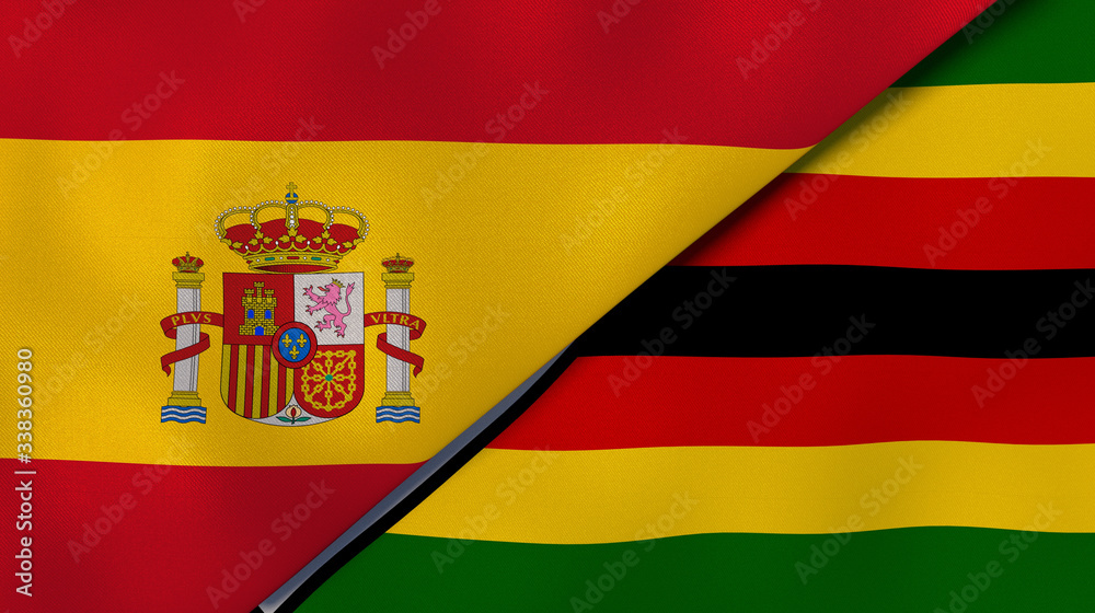 Obraz premium The flags of Spain and Zimbabwe. News, reportage, business background. 3d illustration
