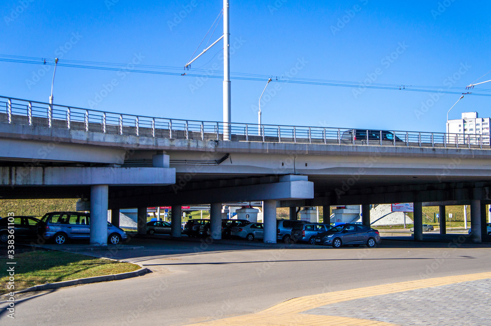 Architectural concrete city automobile bridge. Moscow, Russia - April 14 2020 Architectural concrete city automobile bridge. Moscow, Russia - April 14 2020