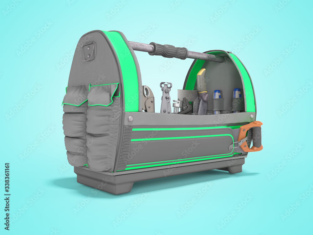 Fototapeta 3D rendering green open tool bag for repair tools on blue background with shadow