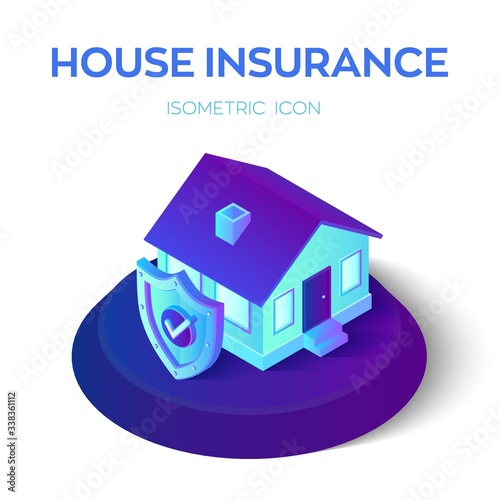 3D isometric insured house with security shield with check icon. Home and house protection insurance policy business service. Property insurance and safe concept. Vector Illustration.