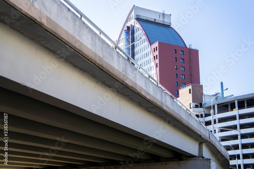Architectural concrete city automobile bridge. Moscow, Russia - April 14 2020
