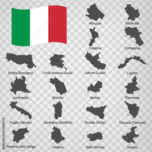 Twenty Maps regionі of Italy - alphabetical order with name. Every single map of region are listed and isolated with wordings and titles. Italian Republic. Regions. EPS10. 