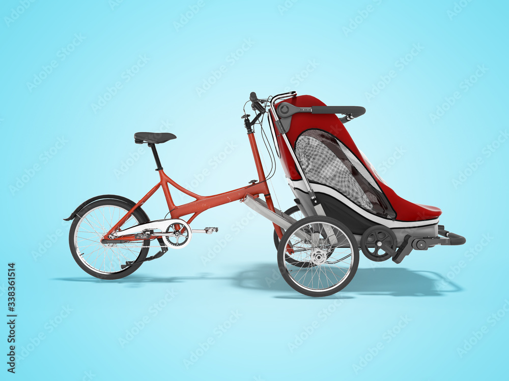3d rendering of red bicycle with teenage stroller front side view on blue background with shadow