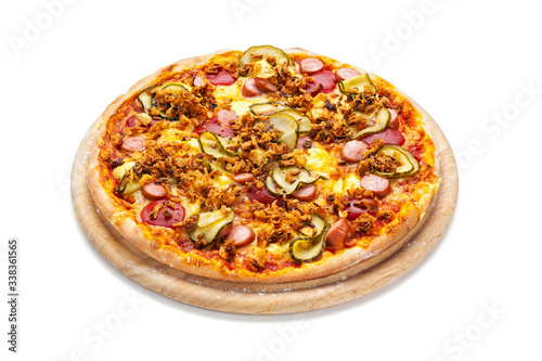 Hot Dog style pizza on wooden platter isolated on white background with clipping path