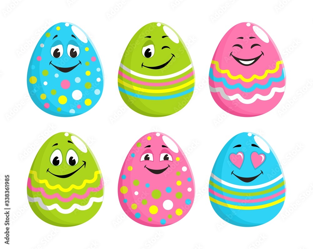 Set of cheerful decorated easter eggs with faces, eyes, mouth. Cartoon characters with positive emotions, funny smiles. Blue, green pink color with a striped pattern, polka dot, zigzag. Vector image. Stock Vector | Set of cheerful decorated easter eggs with faces, eyes, mouth. Cartoon characters with positive emotions, funny smiles. Blue, green pink color with a striped pattern, polka dot, zigzag. Vector image. Stock Vector |