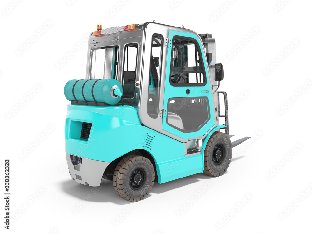 3d rendering of blue forklift with cab rear view on white background with shadow