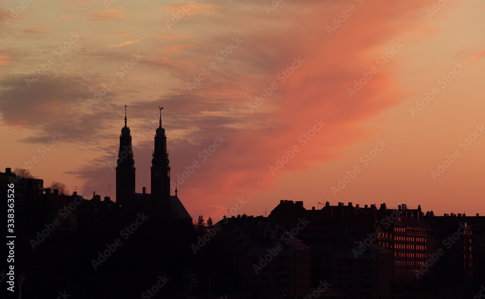Stockholm silhouette with beautiful sky at sunset.