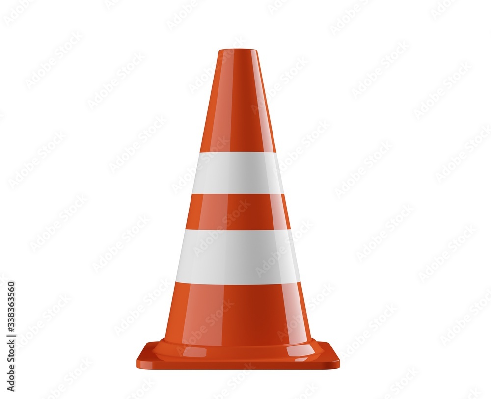 Single orange traffic warning cone or pylon isolated on white background - under construction, maintenance or attention concept Single orange traffic warning cone or pylon isolated on white background - under construction, maintenance or attention concept