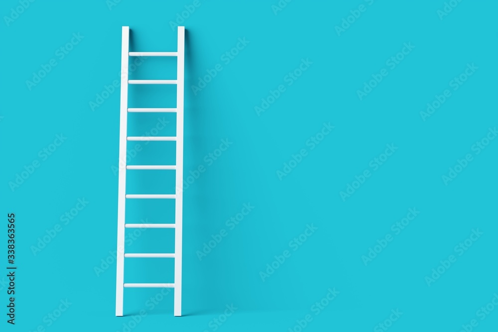 Single white ladder leaning against pastel blue wall minimal career, opportunity or goal concept Single white ladder leaning against pastel blue wall minimal career, opportunity or goal concept