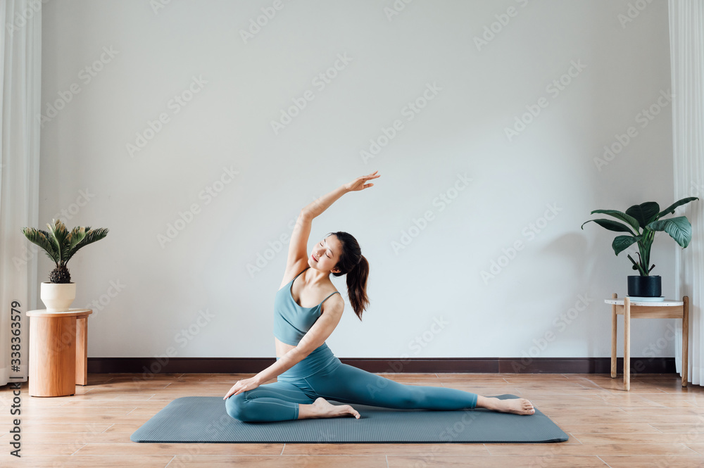 young asian beauty woman doing yoga at home - obrazy, fototapety, plakaty 