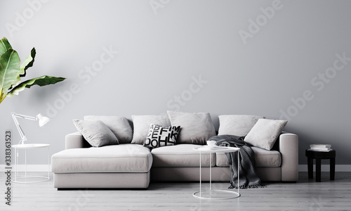 Fototapeta Naklejka Na Ścianę i Meble -  Home interior, luxury modern living room interior, light gray empty wall mock up with sofa and coffee table, 3d rendering