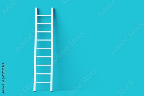 Single white ladder leaning against pastel blue wall minimal career, opportunity or goal concept photo