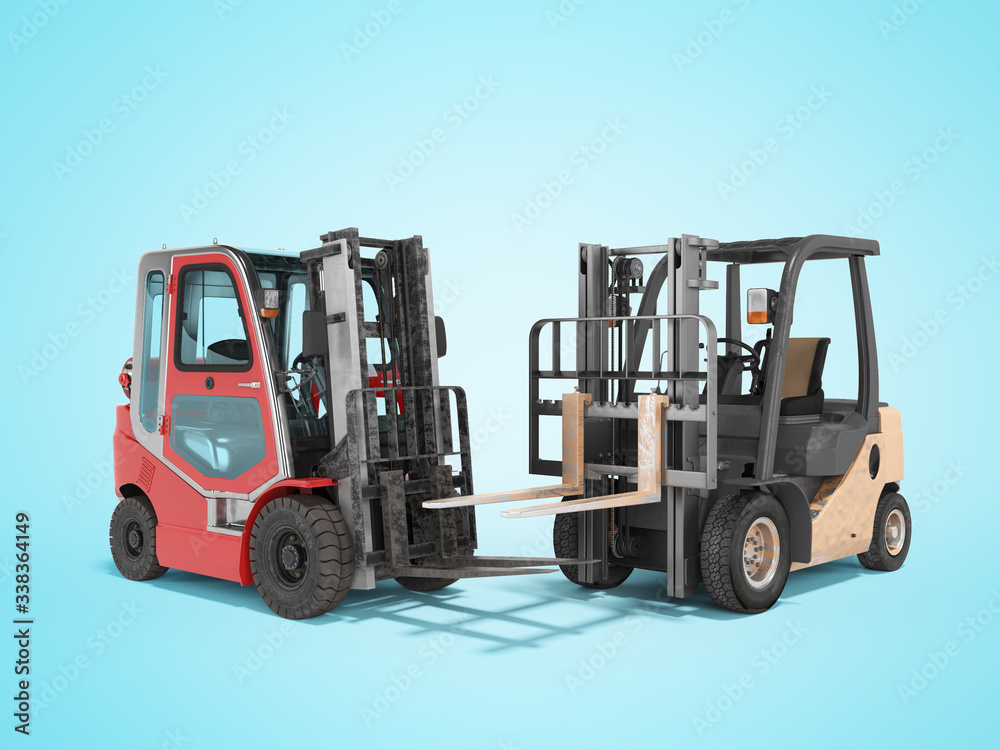 3d rendering of group of forklift trucks for warehouse on blue background with shadow