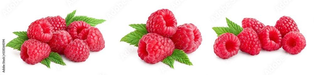 Ripe raspberries with leaf isolated on a white background, Set or collection Ripe raspberries with leaf isolated on a white background, Set or collection