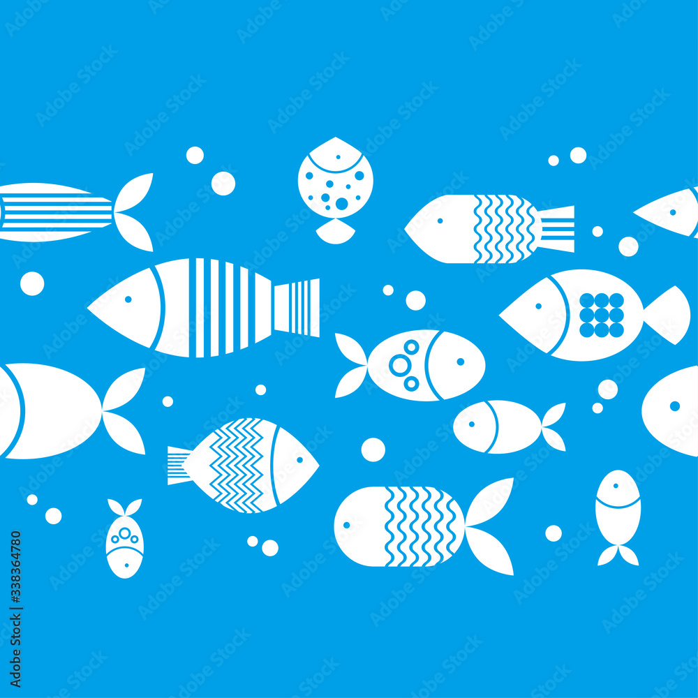 Seamless pattern with fishes in the sea. Cute cartoon. Vector illustration for web design or print.
