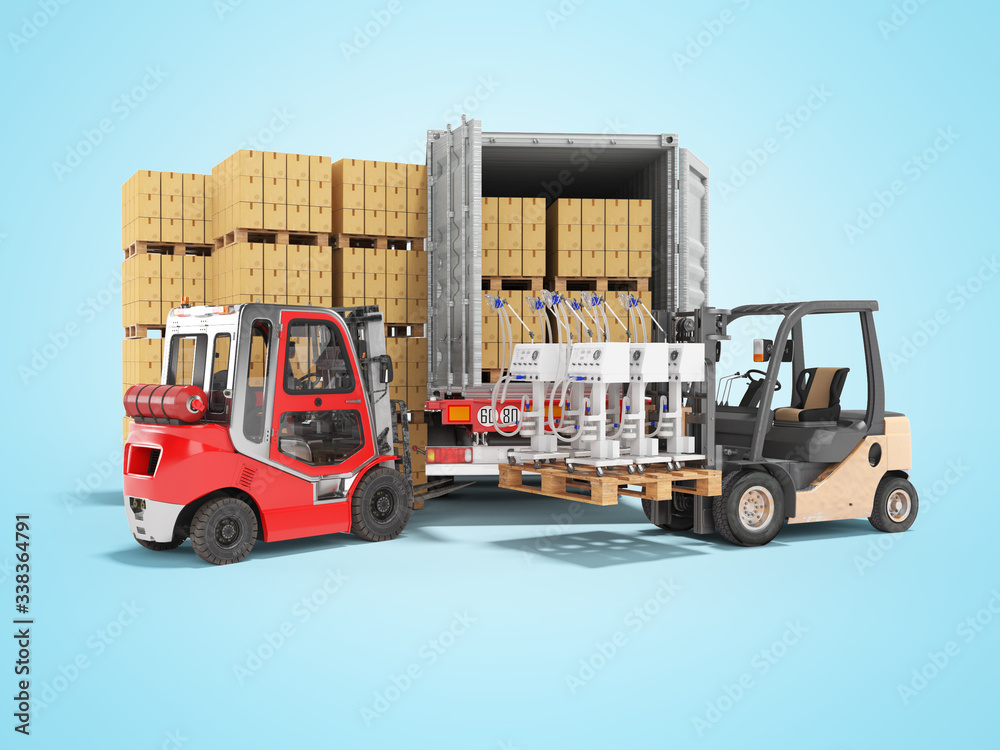 3d rendering group of forklift truck loading medical equipment into truck on blue background with shadow