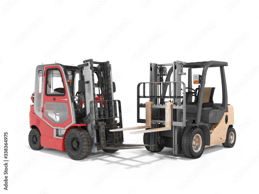 3d rendering of group of forklift trucks for warehouse on white background with shadow