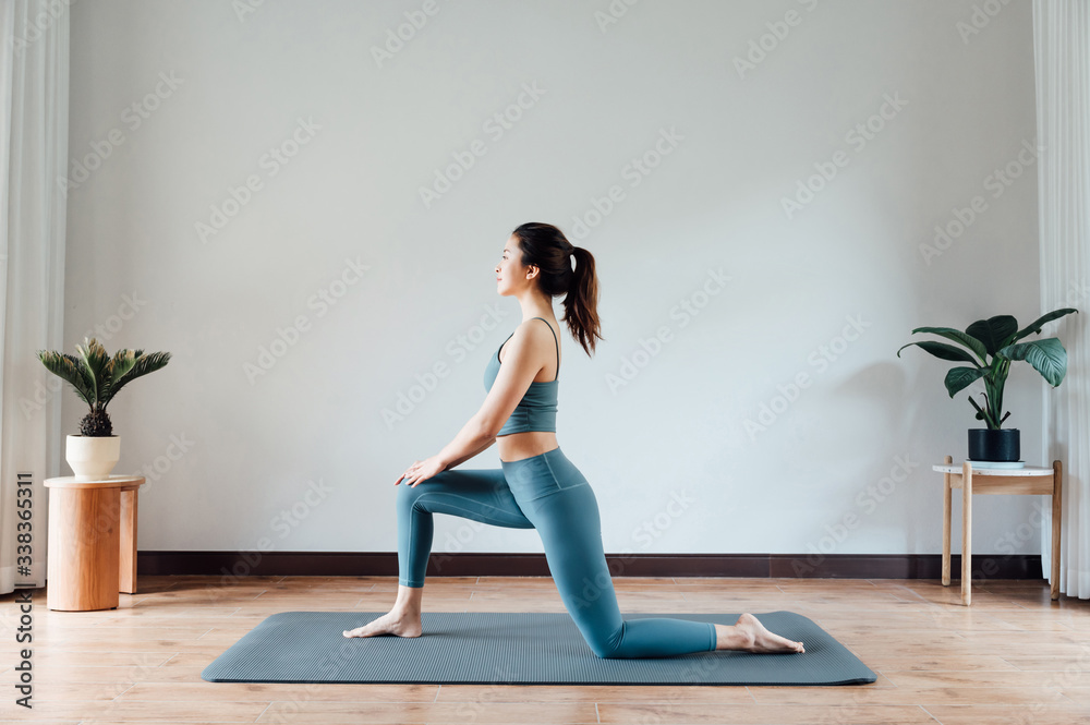 Obraz young asian beauty woman doing yoga at home fototapeta, plakat