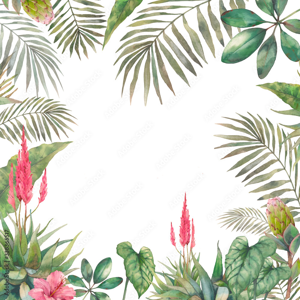 Watercolor summer floral frame. Hand drawn card design with exotic ...