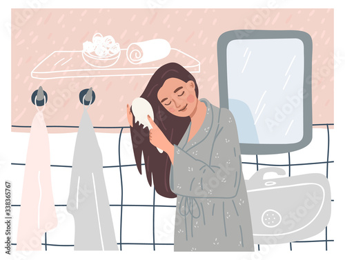 Stay home poster design. Wall art hand drawing. Female brushing hair  in bathrobe. Bathroom illustration with towels, mirror, sink, tiles. Daily routine, spa, self care activity. Cute background.