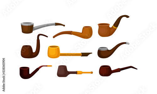 Tobacco Pipes Made of Wood and Metal Vector Set