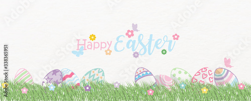 Colorful Easter eggs in grass land with colorful flowers and Happy Easter wording on white paper pattern background. Easter eggs hunt greeting card in crayon style and banner vector design.