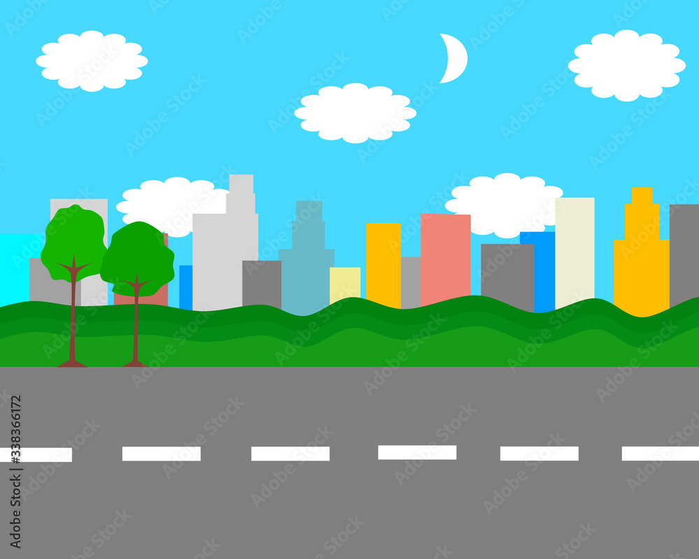 Vector drawn flat design road in green city, towns motorway empty road no car and pollution green zone
