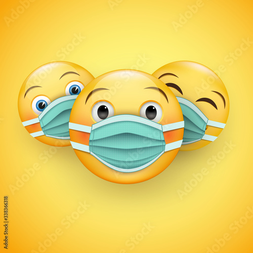 Be responsible and protected - various 3D yellow emoticons in medical masks .Wear a medical mask to prevent the spread of the disease .Vector