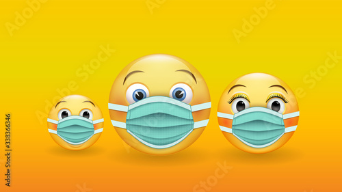Be responsible and protected - a family of 3D yellow emoticons in medical masks. Wear a medical mask to prevent the spread of the disease. Vector