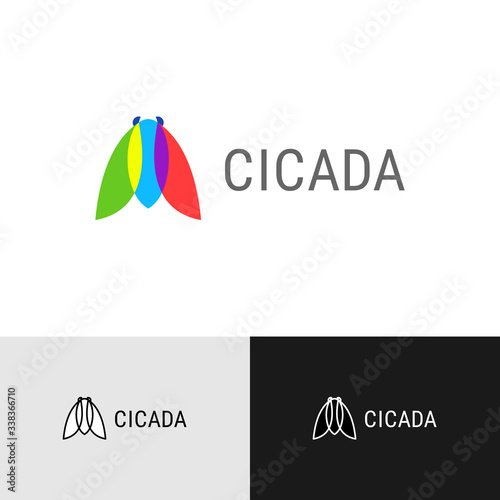 Cicada insect creative color logo. Overlay flat style symbol with text.