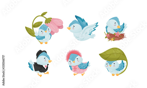 Cute Blue Bird Wearing Suit and Sitting in the Nest Vector Set