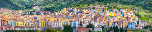 Wonderful morning panorama of colourful houses of old town Bosa in Sardinia