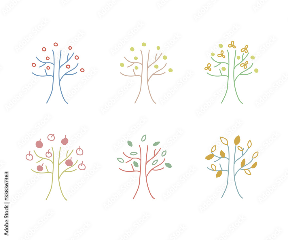 Obraz premium 北欧風手描きの木のイラストセット／かわいい／森