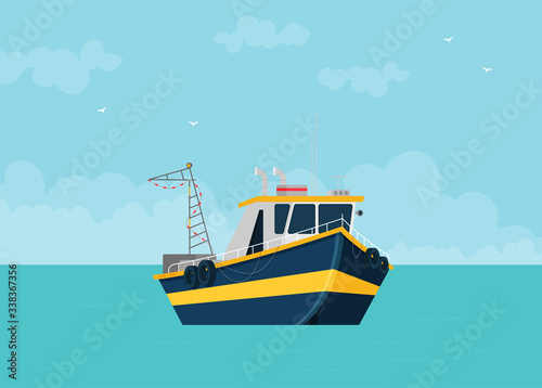 Vector concept of river ocean and sea fishing boat