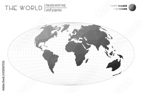 World map in polygonal style. Aitoff projection of the world. Grey shades colored polygons. Trending vector illustration.