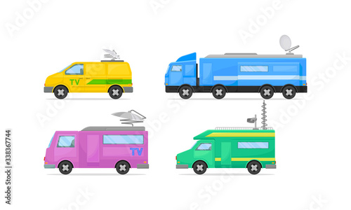 Broadcasting Cars with Satellite Dish on the Roof Vector Set