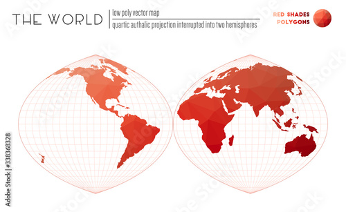 Abstract world map. Quartic authalic projection interrupted into two hemispheres of the world. Red shades colored polygons. Awesome vector illustration.