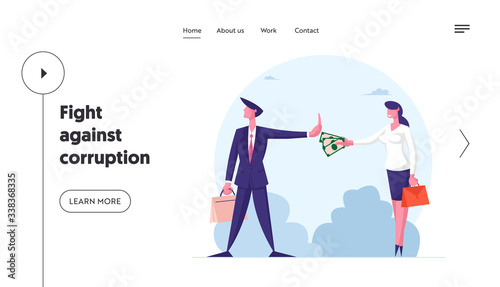 Anti Corruption Landing Page Template. Woman Give Envelope with Money to Businessman who Refuse Taking Bribe. Businesspeople during Corruption Deal. Cartoon People Characters Vector Illustration