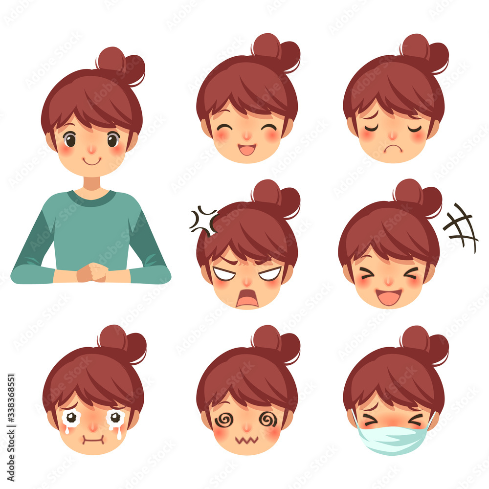 Character cartoon of beautiful woman and expression face set. Vector illustration. Perfect for sticker, element, infographics, social media, etc. Character cartoon of beautiful woman and expression face set. Vector illustration. Perfect for sticker, element, infographics, social media, etc.