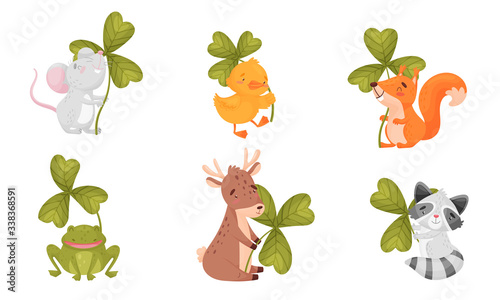 Cartoon Animals with Clover Leaf on Stalk Vector Set