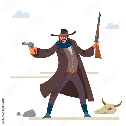 The character is a cruel bandit with a dark beard in a long raincoat, with a revolver and a rifle. Cartoon vector illustration. Flat style. Isolated on white background