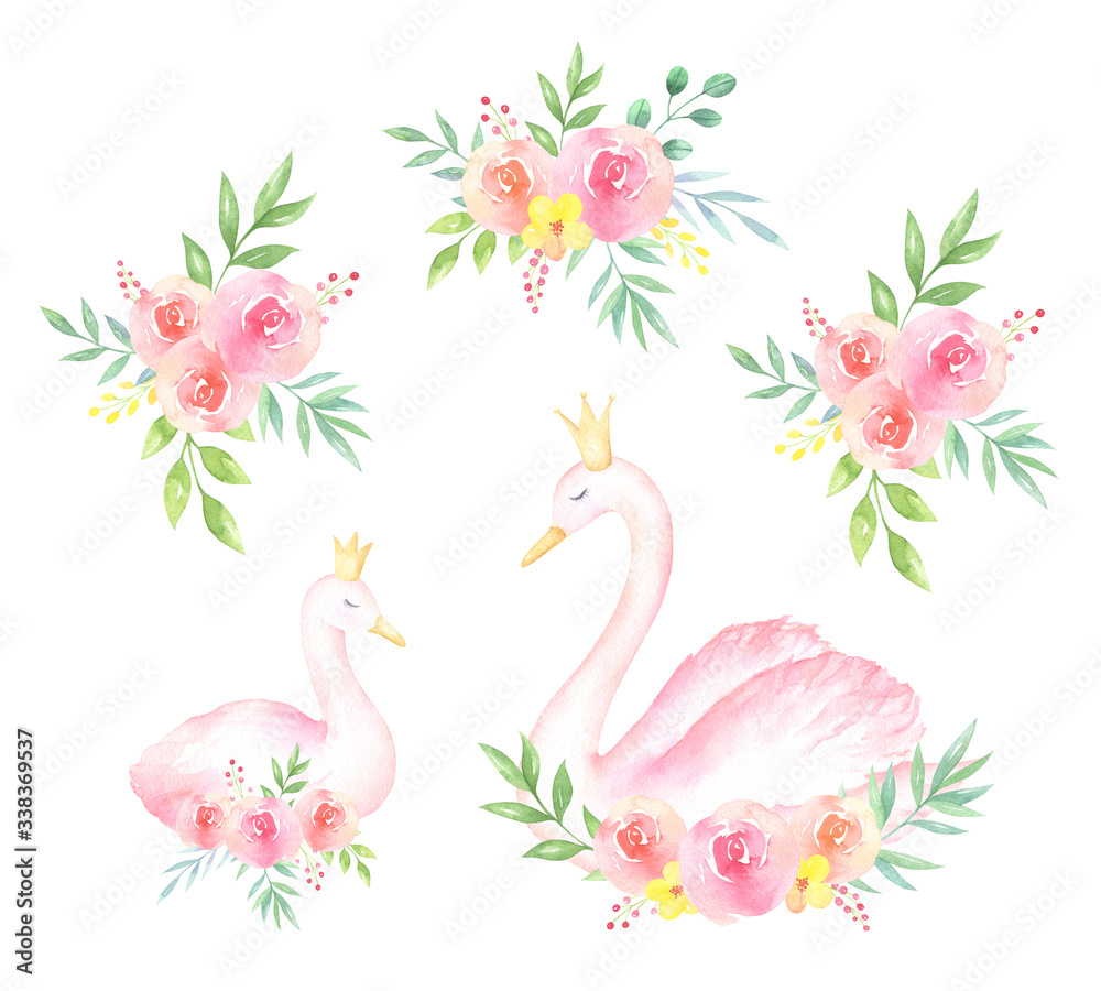 Watercolor Swans and Bouquets Set Watercolor Swans and Bouquets Set