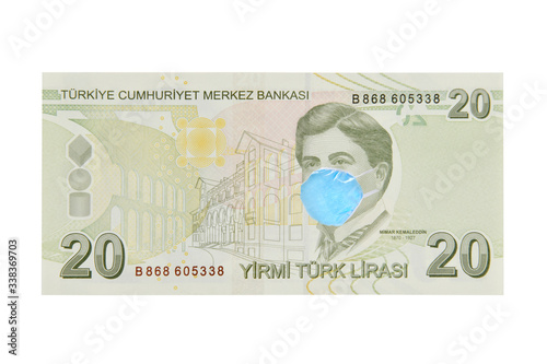 Twenty Turkish Lira with Face Mask - Quarantine and Recession Concept
