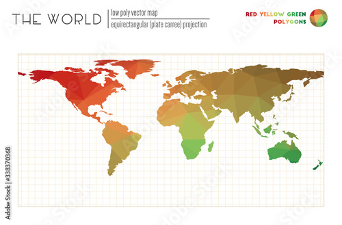 World map with vibrant triangles. Equirectangular  plate carree  projection of the world. Red Yellow Green colored polygons. Contemporary vector illustration.