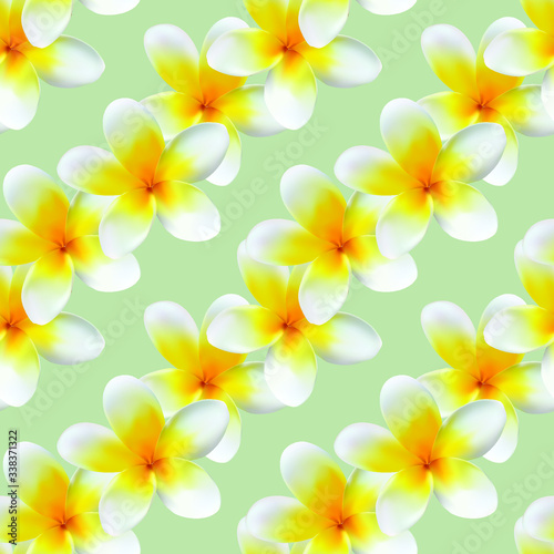Vector seamless pattern of light yellow plumeria flowers. The flowers are made in a realistic style using the gradient mesh technique. Great for scrapbooking and abstract floral backgrounds.
