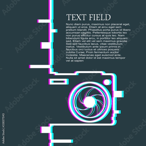 Photo camera icon. Outline silhouette with lens aperture. Field for text. Modern brochure, report or leaflet design template. Distorted glitch style