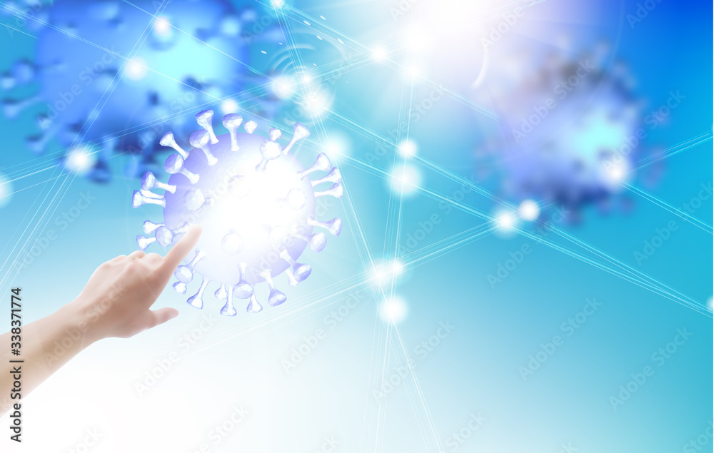 Epidemic blue science background. Science illustration with human hand pointing on model of coronavirus. Vector illustration Epidemic blue science background. Science illustration with human hand pointing on model of coronavirus. Vector illustration